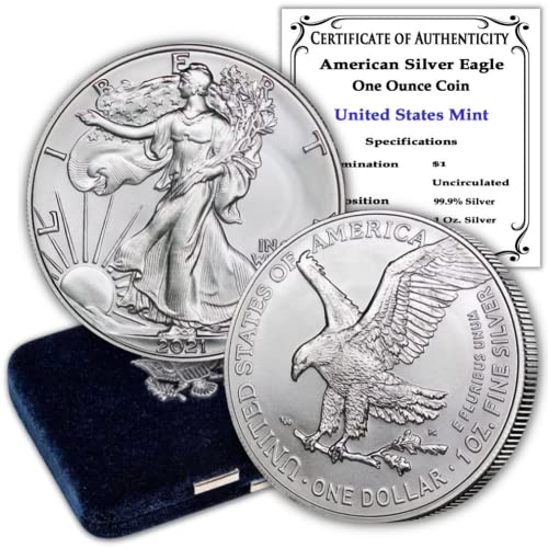 2021 Сребърни монети Американски Орел с тегло 1 унция, Брилянт, без лечение (BU - Type 2 - в капсули) в картонена кутия Монетния двор на Съединените Щати и сертификат за автентичност на мента щата 1 долар