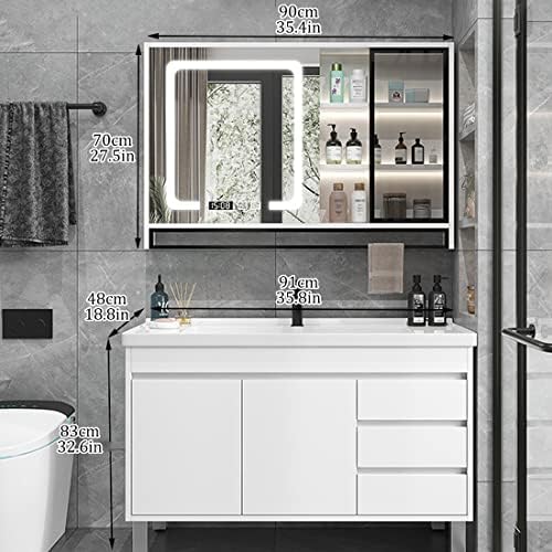Мивка за баня YZJJ с тумбой и огледало, Модерен Дървен шкаф за баня, Керамични свободно стояща Мивка за пране на дрехи (Цвят: бял, размер: 90 см / 36 см)