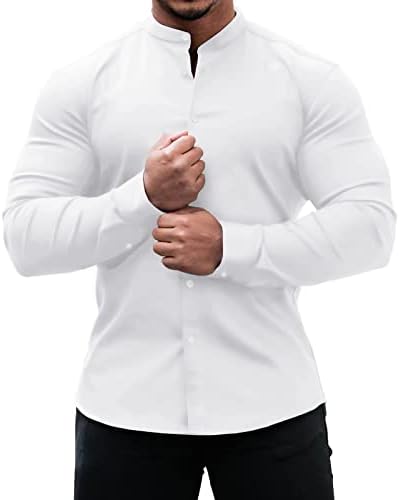 Мъжки ризи Muscle Fit Без Бръчки, Ежедневни Риза с дълъг ръкав и копчета, Модни Однотонная Блуза с шал яка подпора, Топ