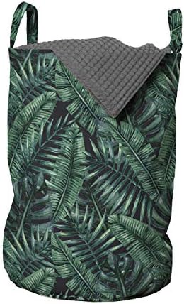 Чанта за дрехи от палмови листа Ambesonne, Акварел Модел От Листата на Тропическа Джунгла, Летен Тропически гори на Хавай, Кошница за дрехи с дръжки, Закрывающаяся на шнур, за пране, 13 x 19, Тъмно-Зелено-Черен