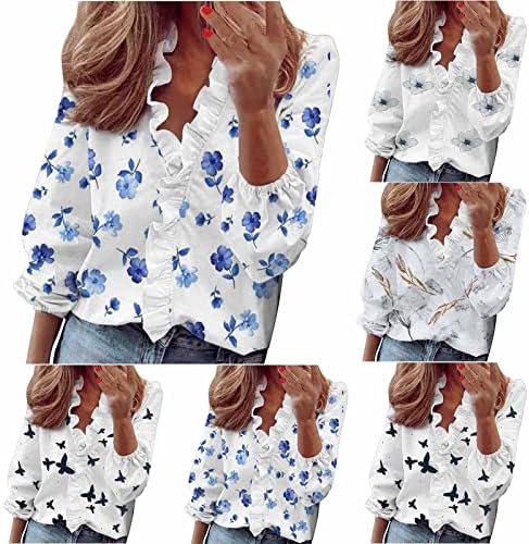 Графични Тениски за жени с Дълъг ръкав - Дамски Ежедневни Блузи с V-образно деколте И Волани, широки Ризи, Блузи, Тениски с Принтом, Ризи за Жени