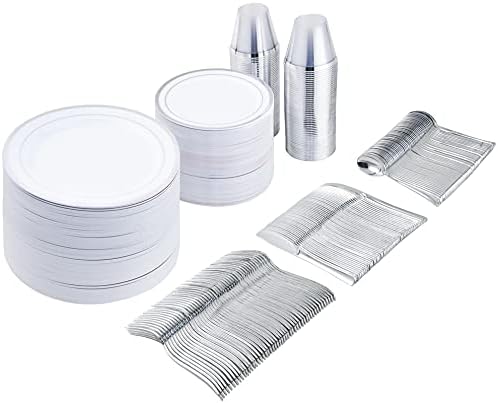 Комплект сребърни прибори Vplus от 600 предмети–200 Сребърни пластмасови чинии–Комплект от 300 сребърни пластмасови прибори за хранене–100 Сребърни пластмасови чашки–за Еднократна употреба, определени със сребърна пластмасови