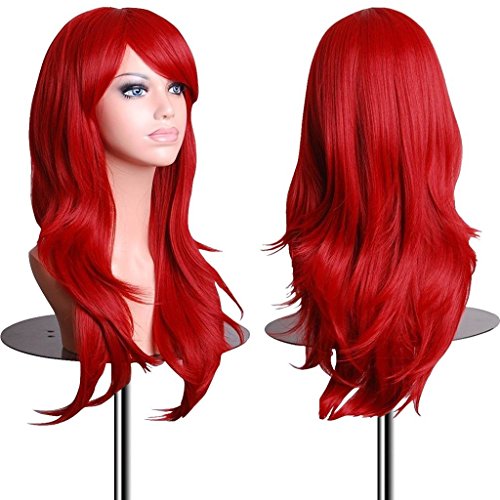 Перуки EmaxDesign 28-инчов, вълнообразни къдрава перука, за cosplay, с шапочкой за перуката и гребен (червен)