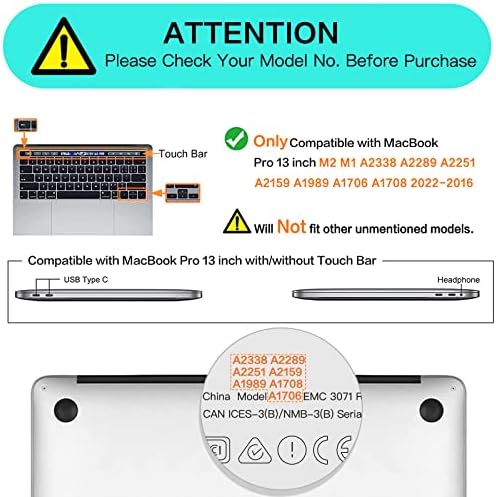 MOSISO е Съвместим с 13-инчов корпус MacBook Pro M2 2023, 2022, 2021- A2338 M1 A2251 A2289 A2159 A1989 A1708 A1706, пластмасов Ъглов Защитен твърд корпус, защитно фолио за екрана и клавиатурата, матово че