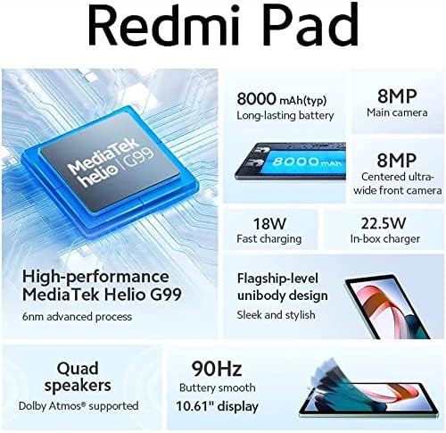 Xiaomi Redmi Pad Само WiFi 10,61 Восьмиядерный Dolby Atmos 8000 ма Bluetooth 5,3 8 Mp + комплект за бързо зарядно устройство (мятно-зелен, 128 GB + 6 GB)