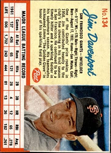 1962 Post Cereal 134 Джим Дейвънпорт Сан Франциско Джайентс (Бейзболна картичка), БИВШ Джайентс