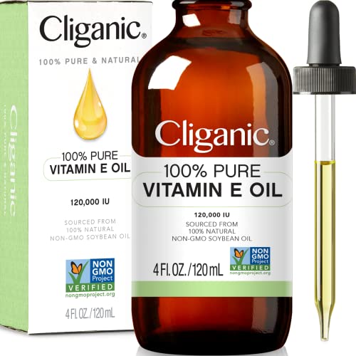Cliganic Чисто масло с витамин е за кожата, косата и лицето - 120 000 IU, Проверени, без ГМО | Натурален D-Алфа-токоферол