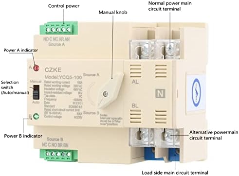 TINTAG YCQ5-100 2P 63A/100A Автоматичен превключвател предаване на хранене на Din-шина 50/60 Hz AC220V от фотоволтаична система ATS до градската електрическа мрежа (Цвят: 2P, размер: 63A)