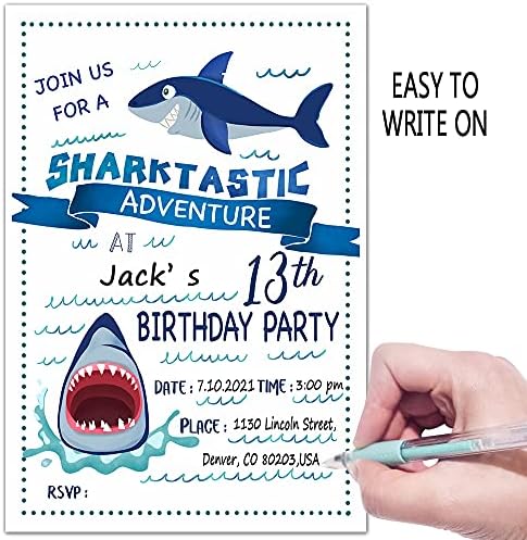 Покани за парти в чест на 13-ти рожден ден ukebobo в пликове, Покани на парти в чест на рождения Ден на Акула, Украса за парти Shark– 20 Картички за пликове (sy-13)