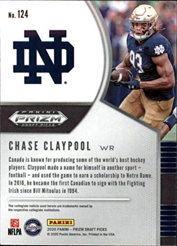 Избор на драфте Панини Prizm 2020 г. (NFL) #124 Избор на драфте Chase Claypool Notre Dame Fighting Irish (NFL) Новак RC, Официално лицензиран NCAA Collegiate и NFLPA Football Търговска картичка Панини Панини Footb