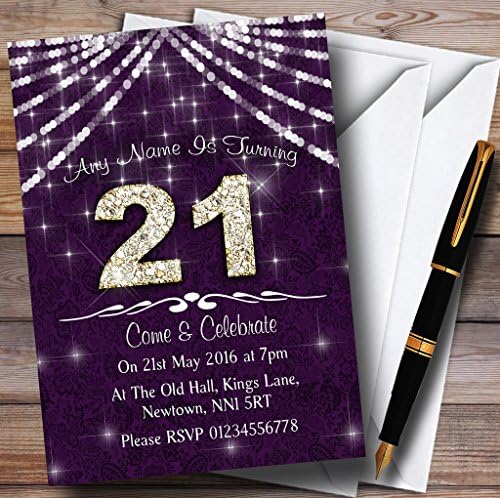 Персонални Покани на парти по случай рождения Ден на 21 Purple & White Bling Sparkle