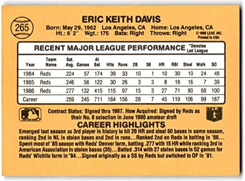 1987 Бейзболна картичка Donruss 265 Ерик Дейвис Синсинати Редс МЕЙДЖЪР лийг бейзбол NM-MT