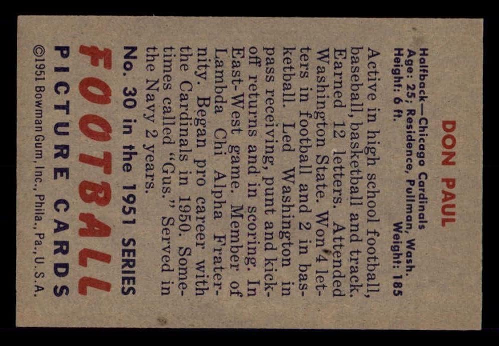 1951 Боуман 30 Дон Пол Чикаго Кардиналс-FB (Футболна карта) EX/MT Кардиналите-FB Washington St