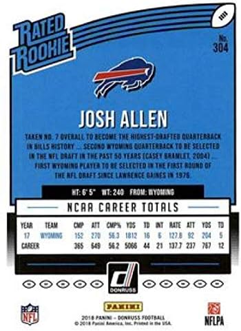 2018 Donruss Football 304 Джош Алън RC Карта Начинаещ Buffalo Bills Номинална Новобранец Официалната Търговска карта NFL