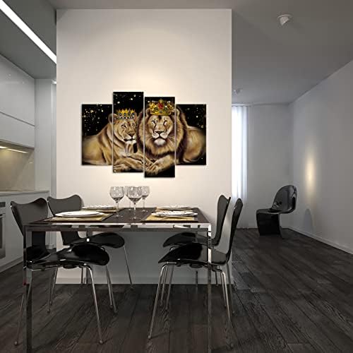 RnnJoile Лъв Картини на Стенно Изкуство Лъв и Лъвица с Корона Платно на Картина В Рамка Модерен Цар на Животните за Модерен Домашен Офис Стенен Декор 4 Броя Готов да се Мотае