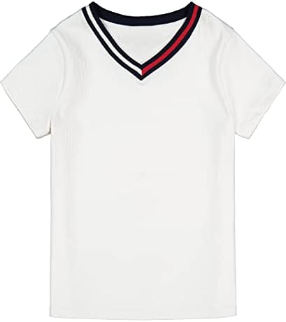 Однотонная тениска с V-образно деколте и къс ръкав Tommy Hilfiger за момичета, бродирани логото и дизайн, без етикети, Ультрамягкая удобна кацане