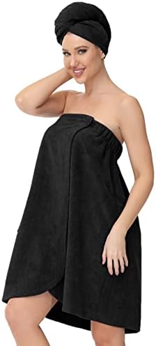 Жена кърпа Rubehoow, халат за баня с регулируема закопчалка, спа кърпа, хавлия с джобове и кърпа за коса