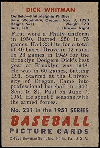 1951 Боуман 221 Дик Уитман Филаделфия Филис (Бейзболна картичка) EX/MT Phillies