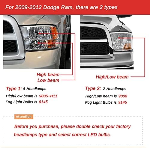 VISVIC Подходящ за DODGE RAM 1500 2500 3500 (2009-2012) Led светлини 9005 + H11 къси светлини 4 Фарове + 9145 led светлини фарове за мъгла фарове 6500 K Чисто бял Бърз монтаж, опаковка от 6
