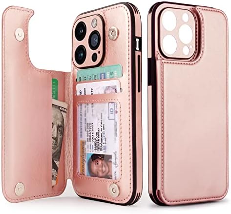 Cardpakee ??? ???????? Чанта-портфейл за iPhone 14 Pro, калъф с държач за карти, защита камера с малки дупки, защита от падане, една чанта-портфейл за телефон от естествена кожа за мъже и жени, 6,1 инча, розово злато