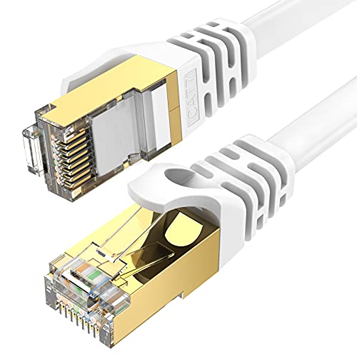 Ethernet кабел Ercielook Cat 7 25 фута висока скорост, Екраниран Плосък интернет-кабел с клипове, по-бързо, отколкото мрежата на тел Cat6 - Бял